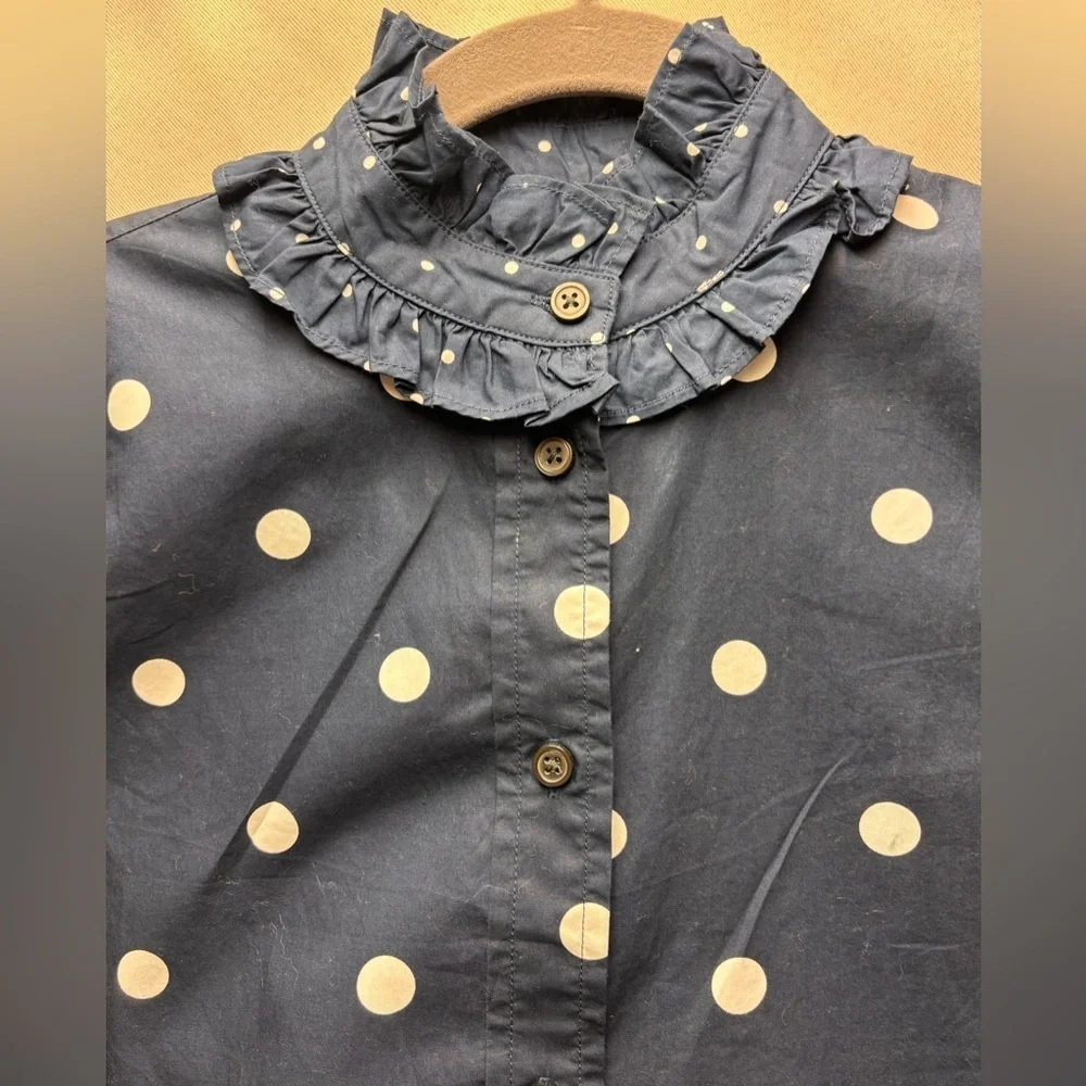 J. Crew Classic-Fit Ruffleneck Button Up Mixed Dots Blue White Polka Dot 00